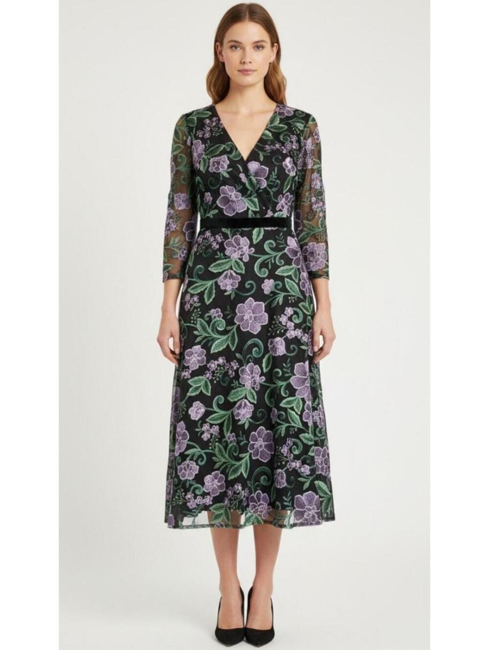 Maggy London Floral A-Line Dress Black Purple V-Neck Chiffon 3/4 Bell Sleeve 4